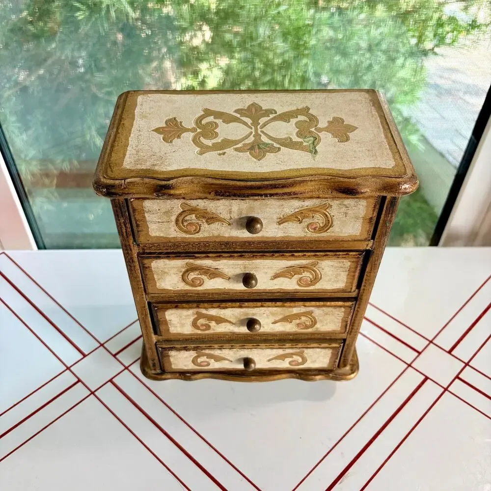 Vintage Mele Japan 4 Drawer Musical Jewelry Box Florentine Gold Red Velvet